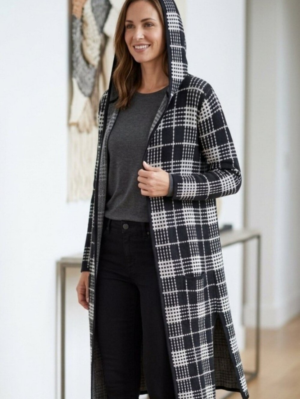 Cardigan - Open Front, Long, Black and White Plaid With Hood